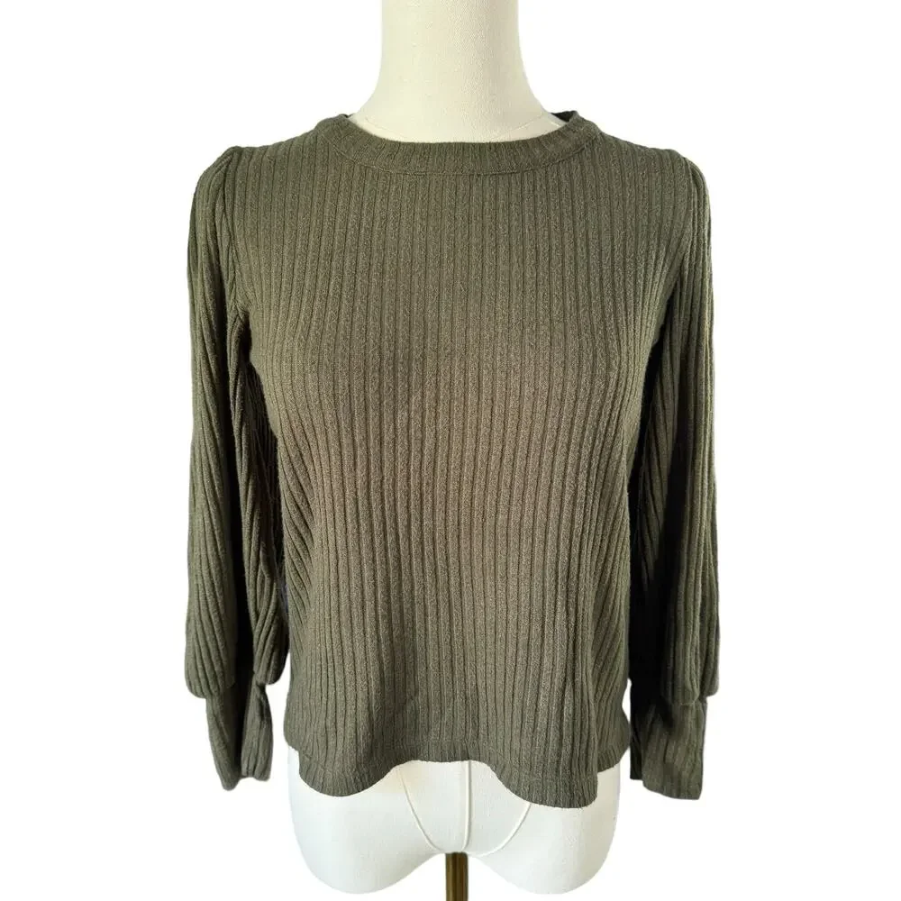 Madewell Ribbed Olive Green Sweater Cozy Knit Top Viscose Soft Relaxed Fit Small